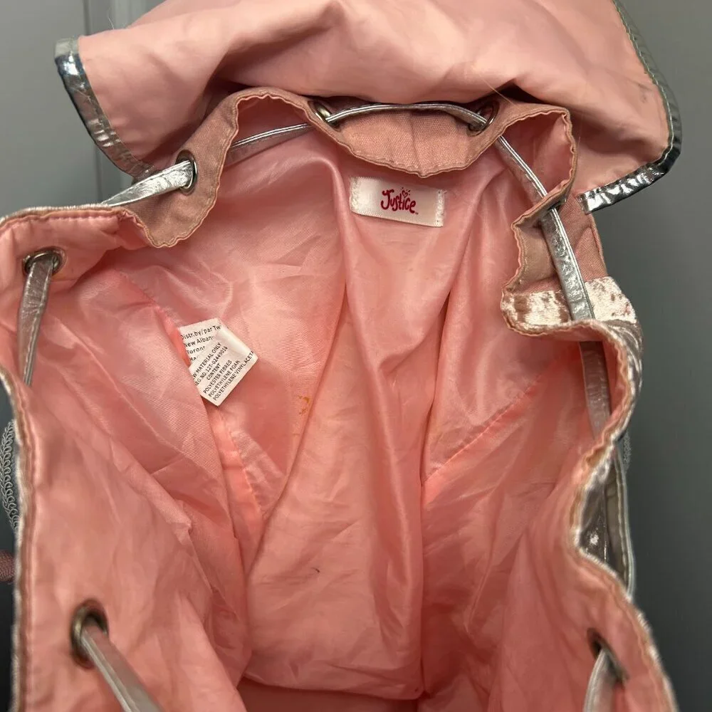 Justice Pink Faux Fur Backpack w Silver stars and Accents GUC